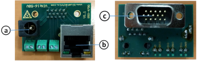 Argos3D-P2xx interface break-out board (front and rear view): a) Power connector, b) Ethernet connector, c) Argos3D-P2xx common connector.